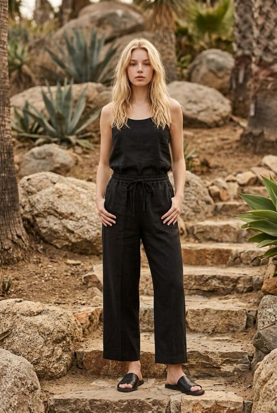 Jessica London Black Linen Blend Wide Leg Drawstring Pants Size 20